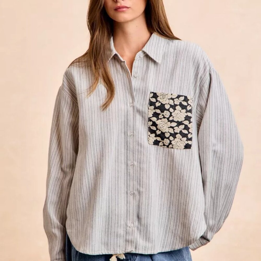 BiBi Flower Jacquard Knit Patch‎ Pocket Stripe Shirt